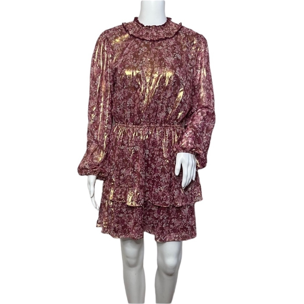 NWOT Crystal Doll Women’s Metallic Floral Smocked Neck Long Sleeve Dress